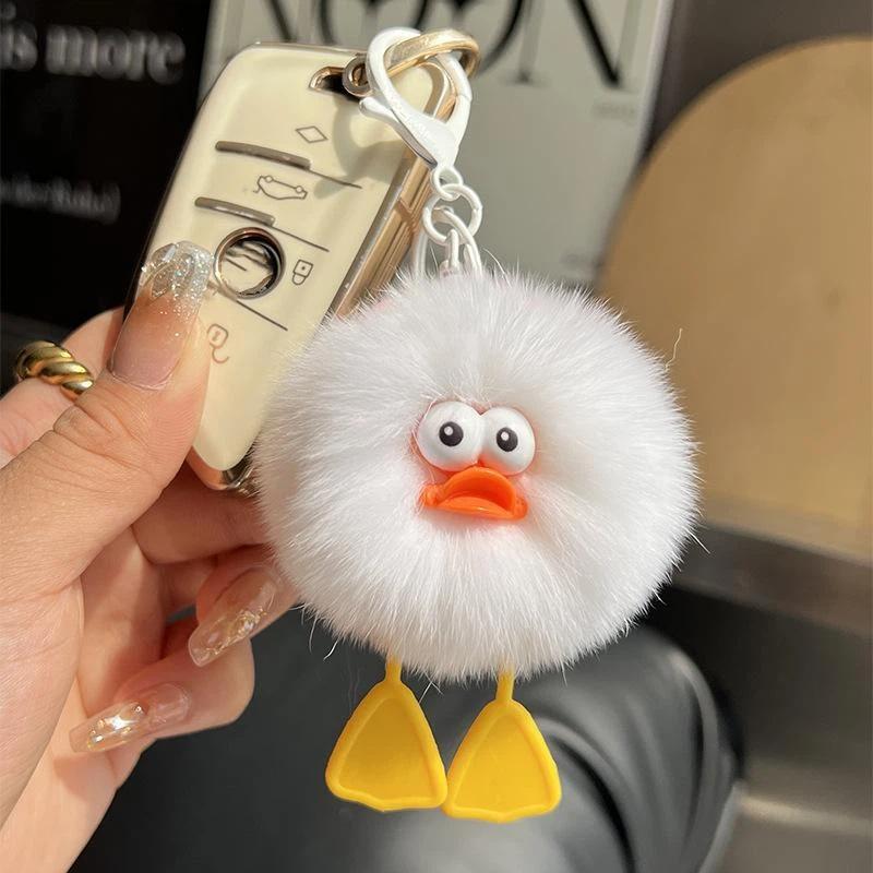 Cute Fluffy Duck Pom Pom Keychain Soft Faux Fur Little Pendant Decor Gift For Girls Students Daily Use