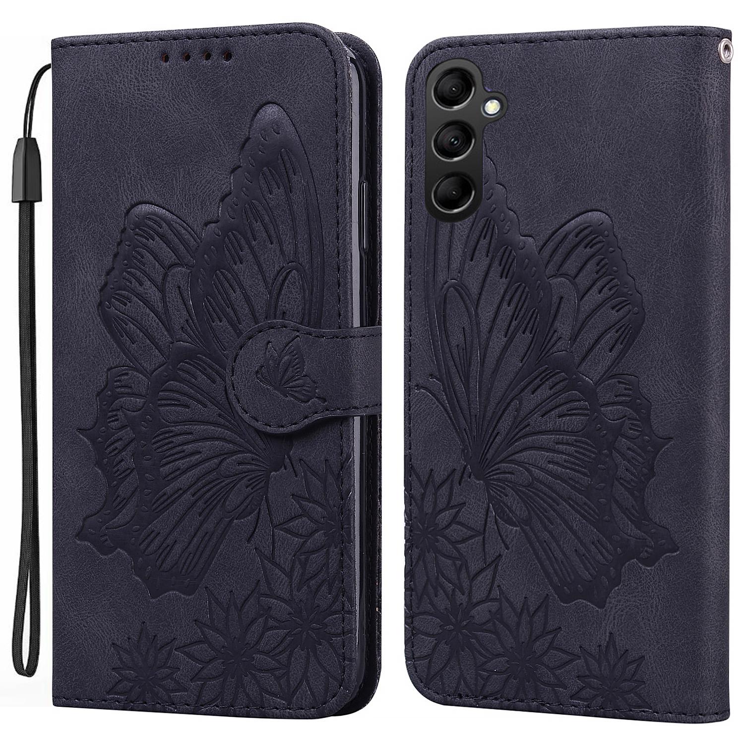 

For Samsung Galaxy A15 5G Case Big Butterfly Imprinted PU Leather Phone Cover with Wrist Strap Black