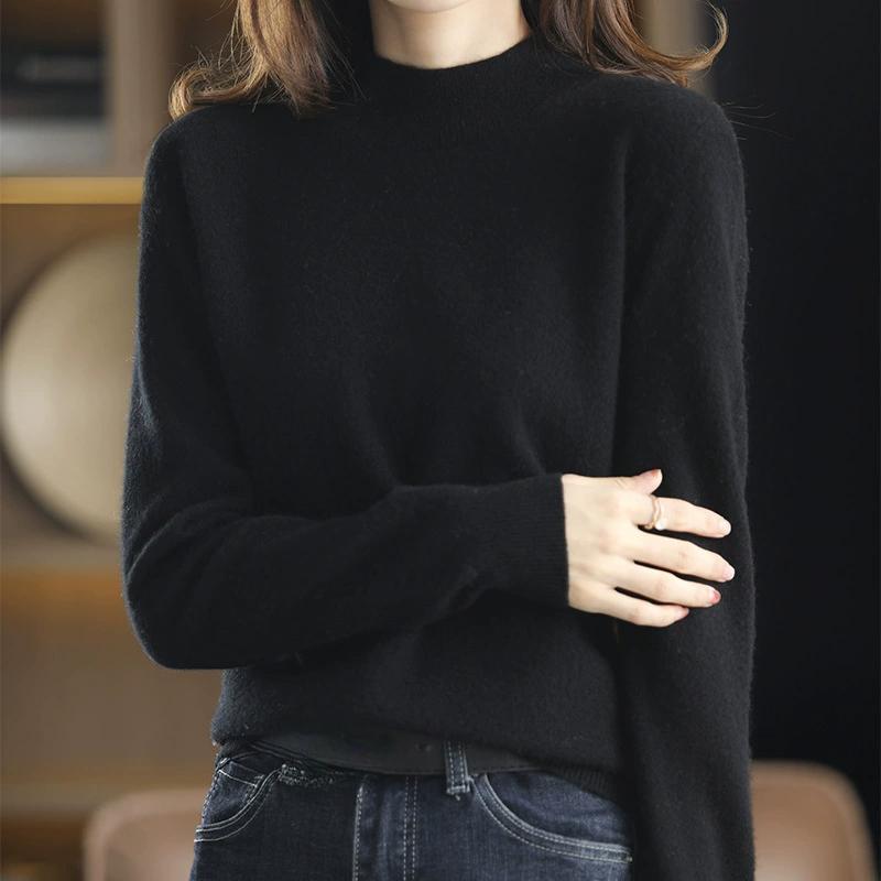 Half High Neck Fashionable Versatile Knitted Sweater for Women, Autumn and Winter Short Style Pullover, Solid Color Loose Sweater Base