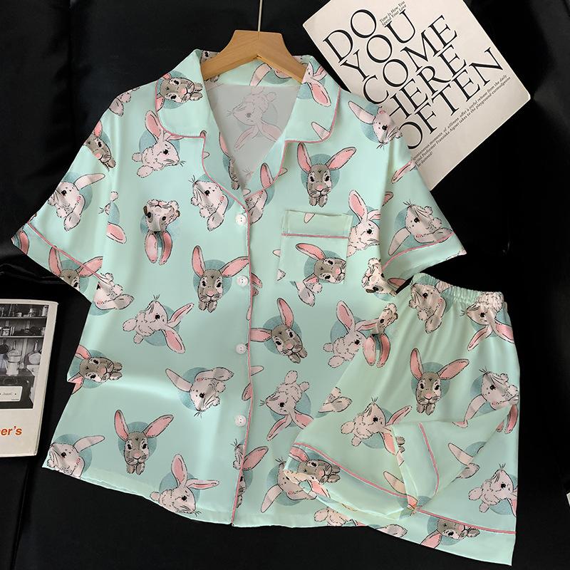 

Sweet Soft And Cute Long-Eared Rabbit Printed Pajamas Women S Summer Day Ice Silk Short-Sleeved Thin Loungewear Set M