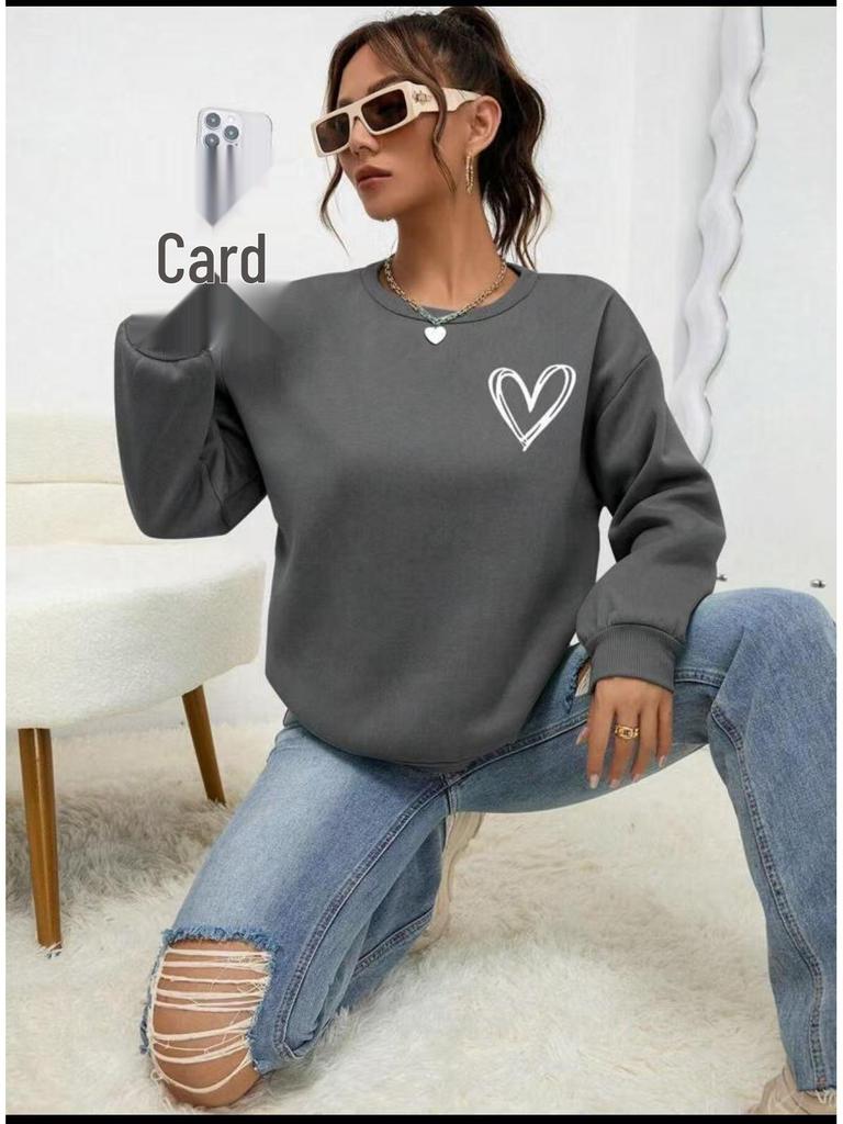 Women's Heart Print Loose Long Sleeve Sweatshirt - Cozy Round Neck Pullover