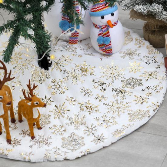 35 Inch Christmas Tree Skirt Gold Sequin Feather Snowflake Pattern White Faux Fur Tree Skirt Fluffy Plush Tree Base Mat for Holiday Home Decor