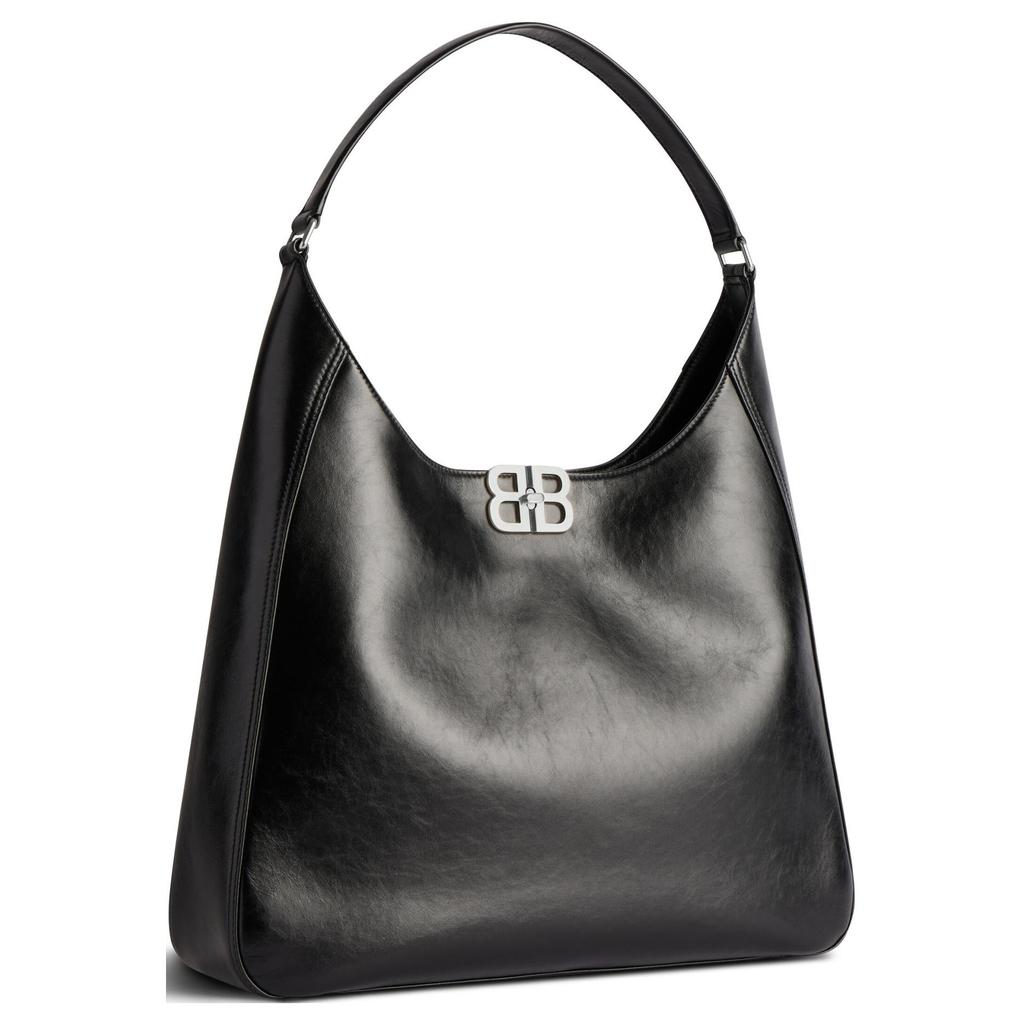 Balenciaga Bb Soft Vintage Silver Bb Logo Metal Turn Lock Closure Leather Tote Shoulder Bag Medium Women Handbags Black 8019292AAIY1000