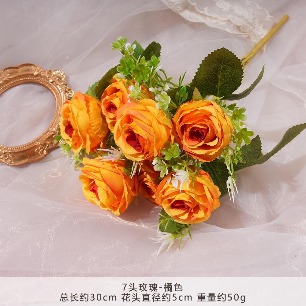 

Korean-Style Simulation Flower 7-Head Rose Artificial Silk Flowers Wedding Home Decor Living Room Display Photography Props 3 bundles оранжевый