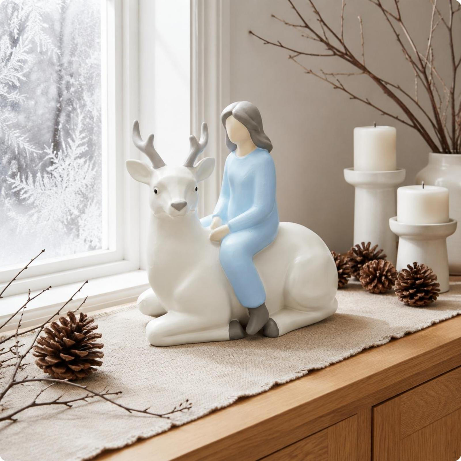 Girl Riding Deer Sculpture Resin Material Statue Tabletop Display Reindeer Figurine for Indoor,