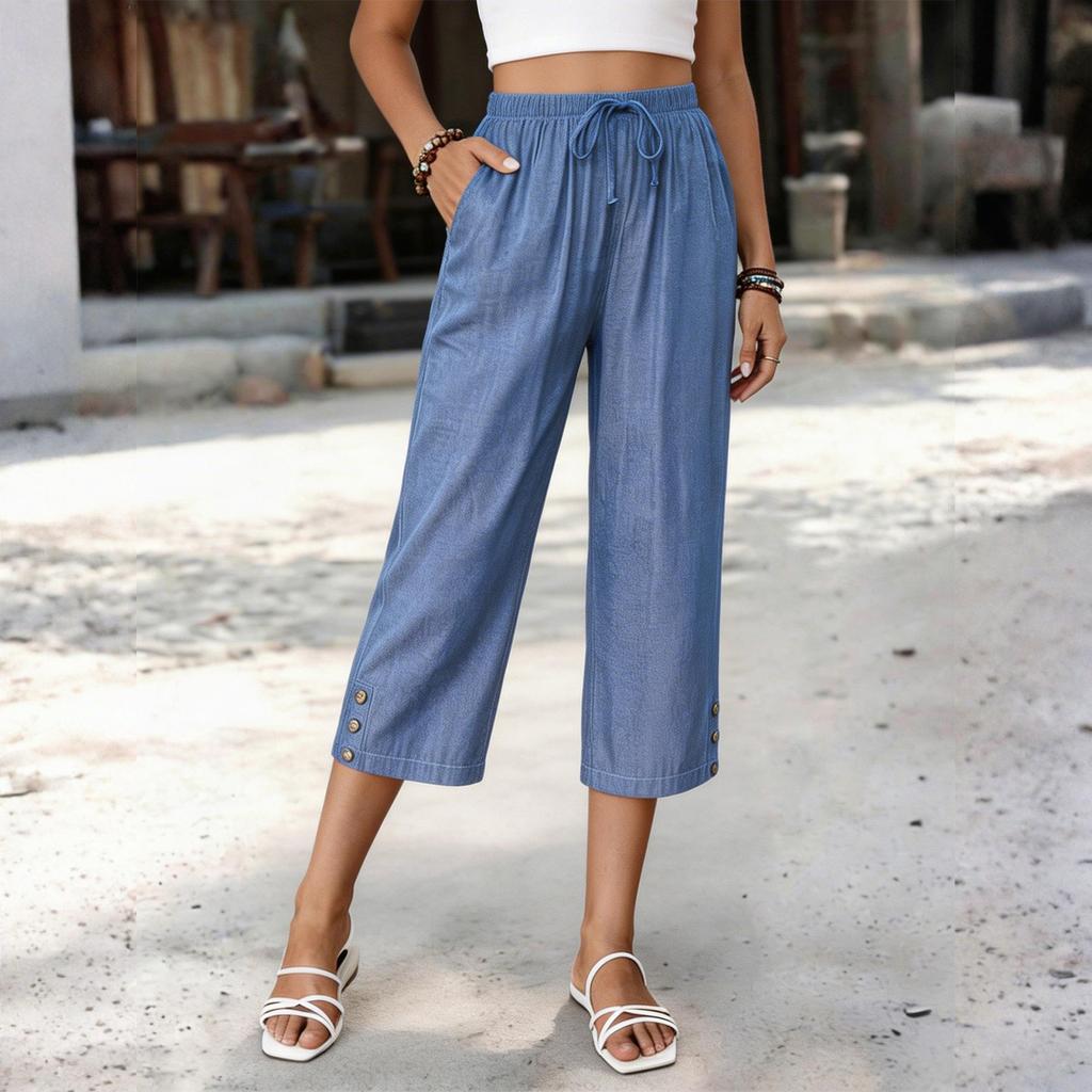Women Drawstring Waist Loose Fit Cropped Pants with Pockets and Button Detail Casual Straight Leg Trousers