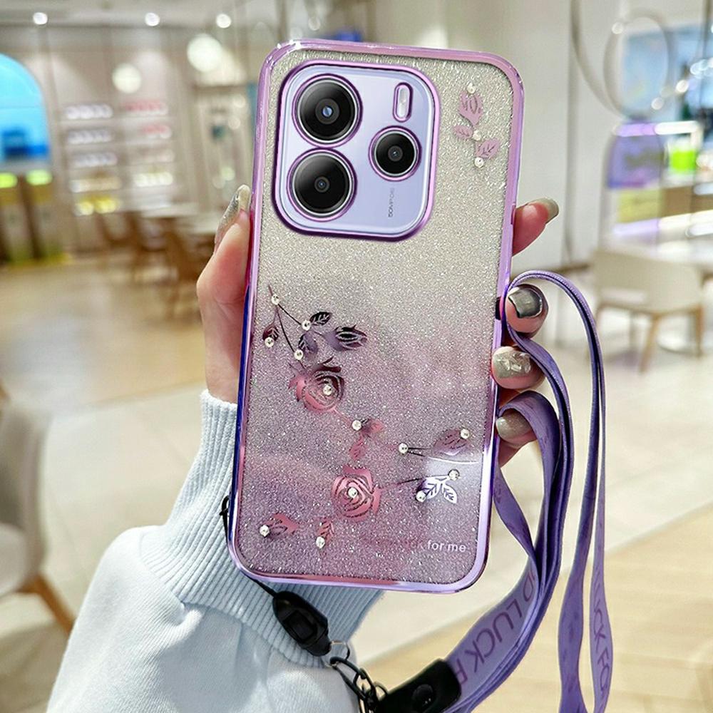For Xiaomi Redmi Note 14 4G (163.25mm) Case Flower Pattern TPU Gradient Phone Cover with Lanyards