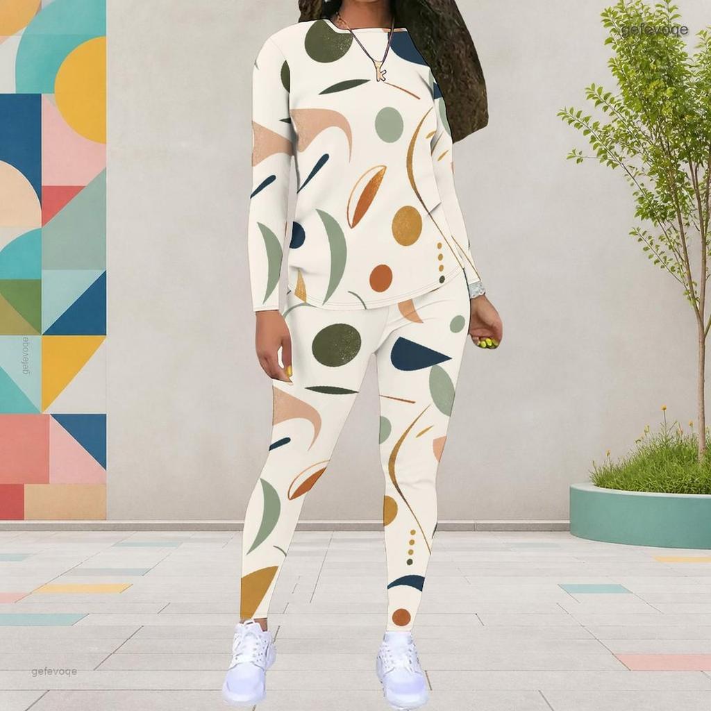 Women Plus Size Round Neck Long Sleeve Printed Top And Fitted Pants Two Piece Set