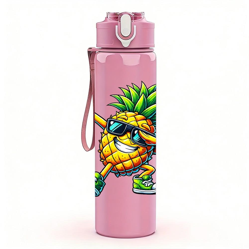 1PC Pineapple Surf Guy Cartoon Print 750ml Color Plastic Sports Water Bottle Leakproof Flip Straw Lid Suitable for Sports Office Home Use