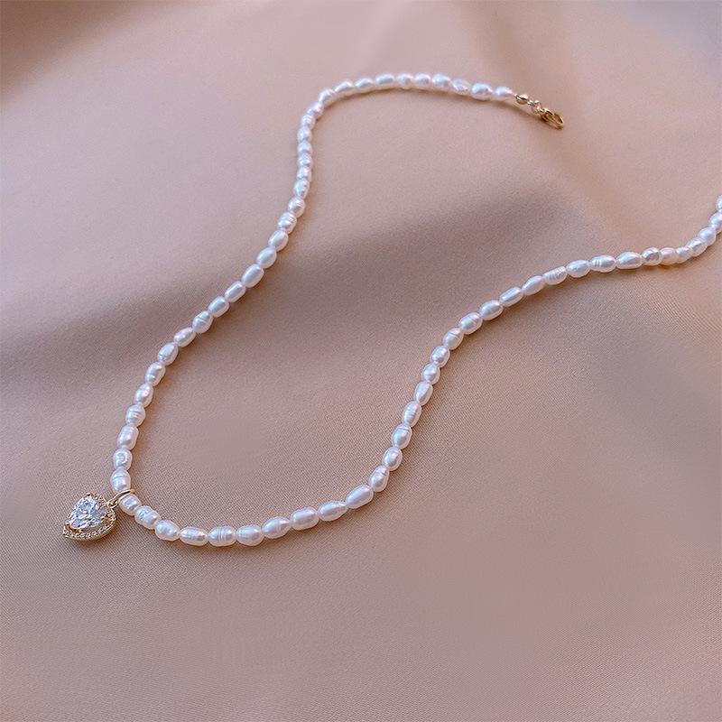 Romantic Love Heart Shiny Cubic Zirconia Natural Freshwater Pearl 14K Gold Filled Female Pendant Necklace Chains Gifts