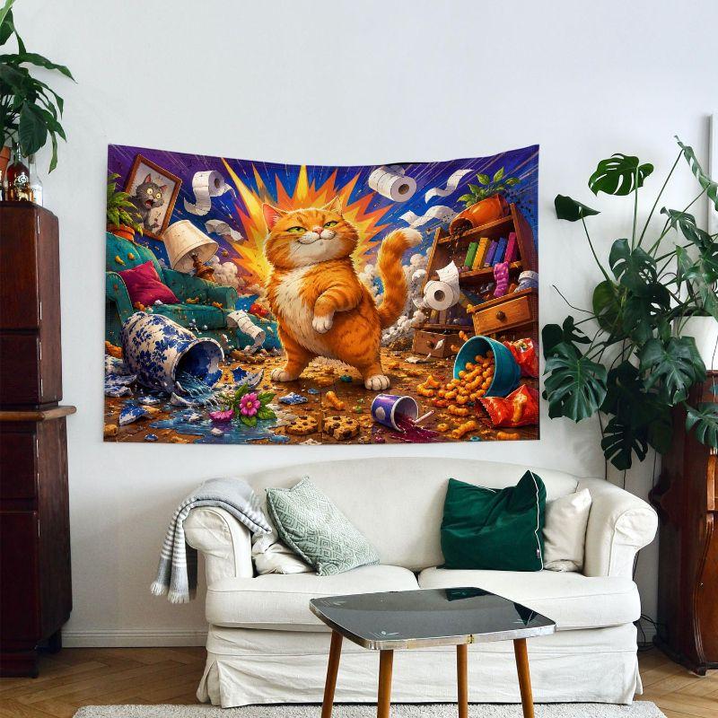 Orange Cat Chaos Explosion Room Wall Tapestry Funny Kitten Knocking Vase Toilet Paper Snack Cartoon Illustration Bedroom