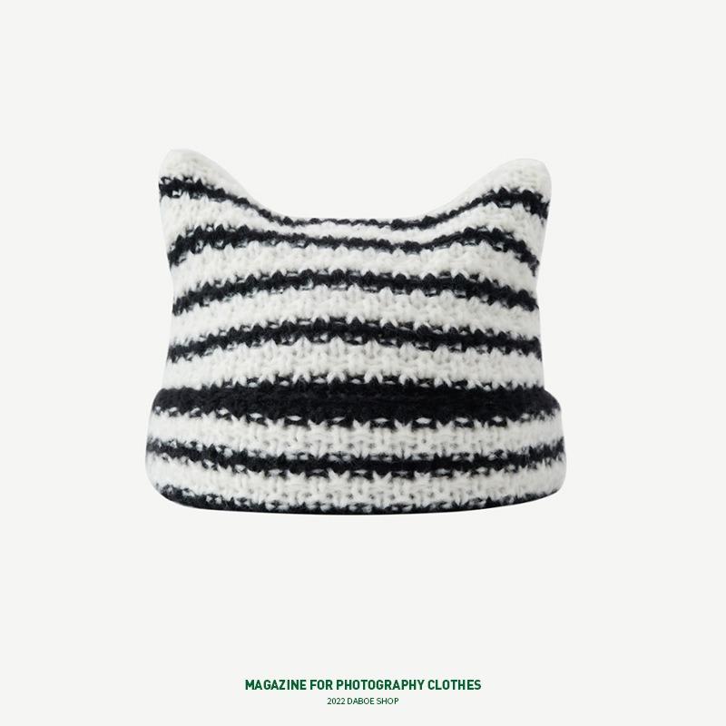 Abbey wind cat ears hat women's autumn and winter yk striped knitted hat cute warm pullover wool hat
