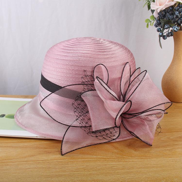 Elegant Temperament Mesh Yarn Flower Top Hat Women'S Fashion Versatile Organza Small Pot Hat Summer Sun Protection Sun Hat