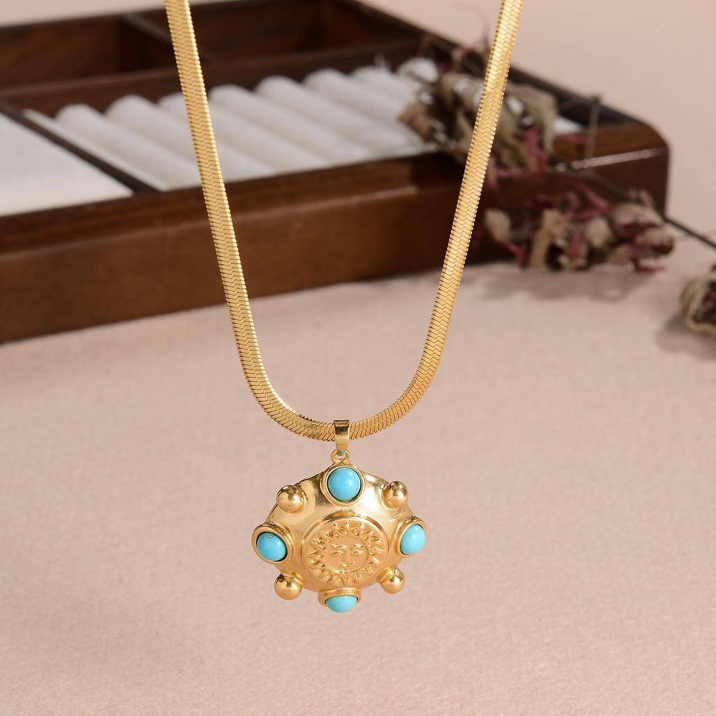 Vintage 18K Gold Plated Snake Chain Necklace with Turquoise Sun Pendant Choker Bohemian Jewelry for Women