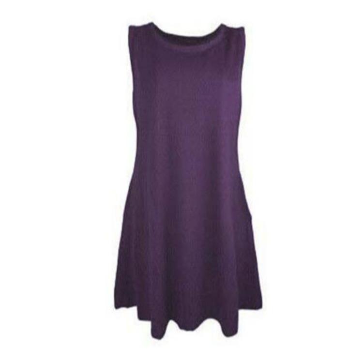 

Summer A-line Mini Dress Short Sleeveless Round Neck Solid Color Beach Party Dating Above Knee Length Dress with Pockets S фиолетовый