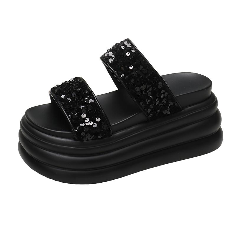 

Модные летние женские тапочки, шлепанцы, женские пляжные туфли на толстой подошве, босоножки на танкетке, женские тапочки на высокой платформе 9 см 34 чёрный