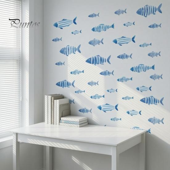DIY Seabed Wall Murals Watercolor Blue Fish Decals, Striped Ocean Sea Life Stickers, Removable Self-Adhesive Layered School of Decor Coastal
