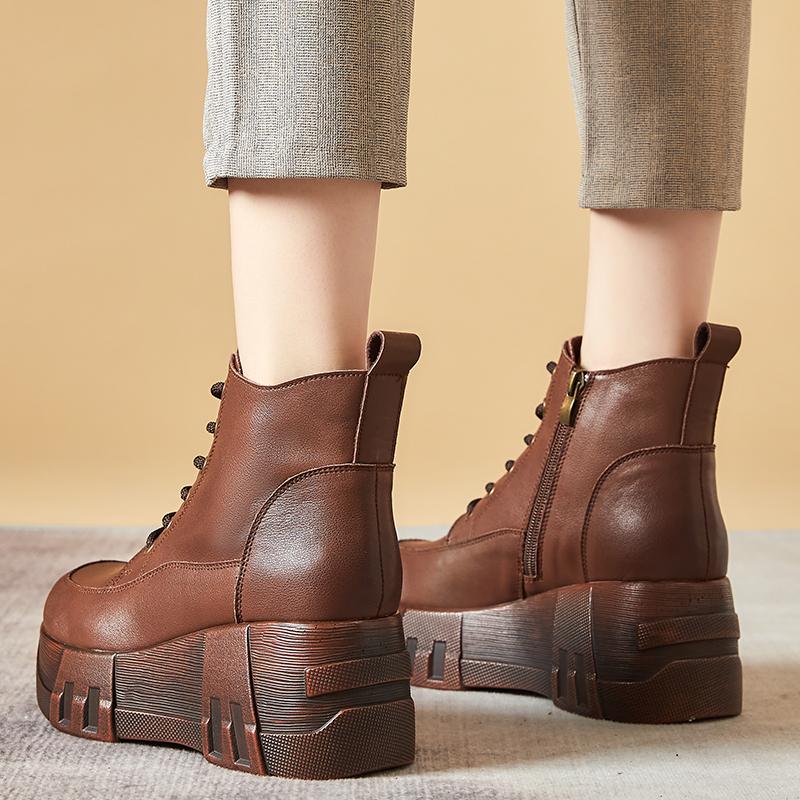 Fashion GKTINOO  Fashion Retro Women Platform Boots Autumn Round Toe Genuine Leather Wedge Heel Ankle Boots Women Handmade Casual Shoes
