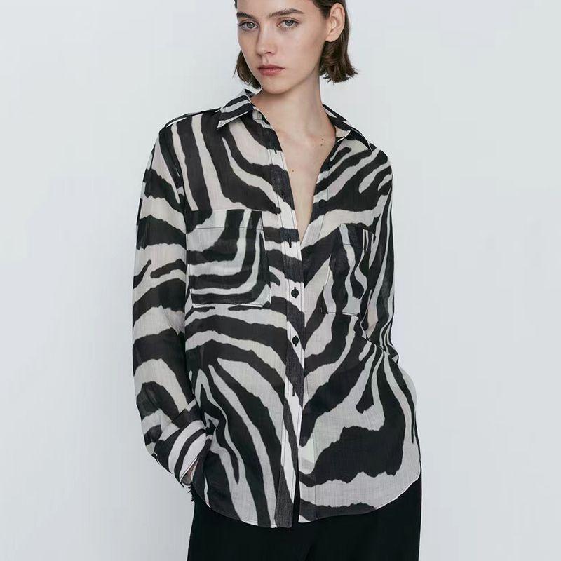 

MD Women s Clothing 2023 Summer New Arrival Zebra Pattern Lightweight Plaid Ramie Texture Casual Commuter Long Sleeve Shirt for Women Black L