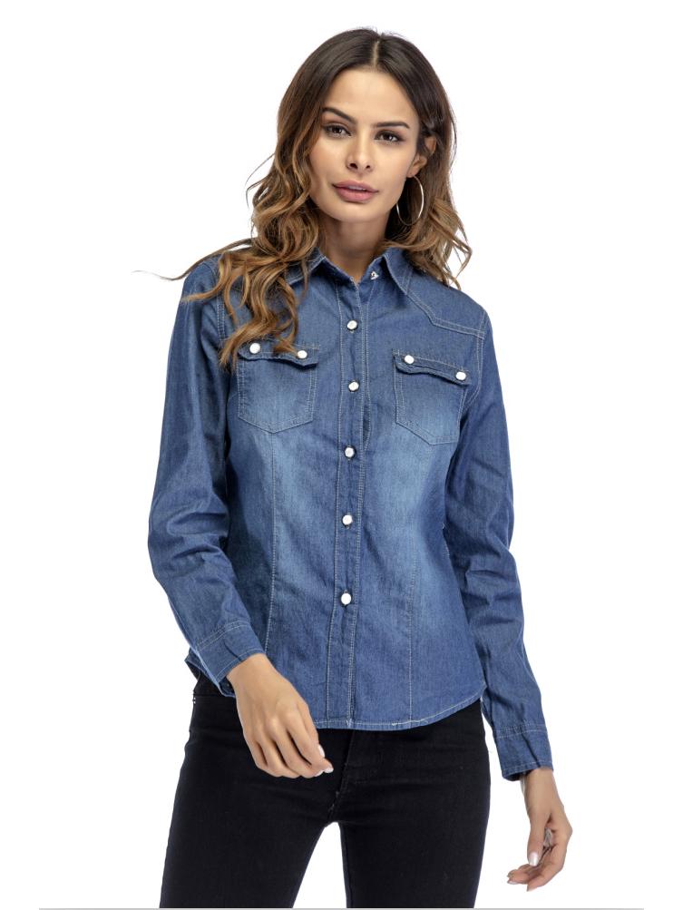 

Европейская и американская мода, женский топ из вываренного денима с длинными рукавами и открытой грудью, с карманами S синий