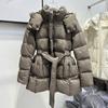Winter new waist lace-up down jacket women's medium and long hooded loose thickened white duck down thin coat