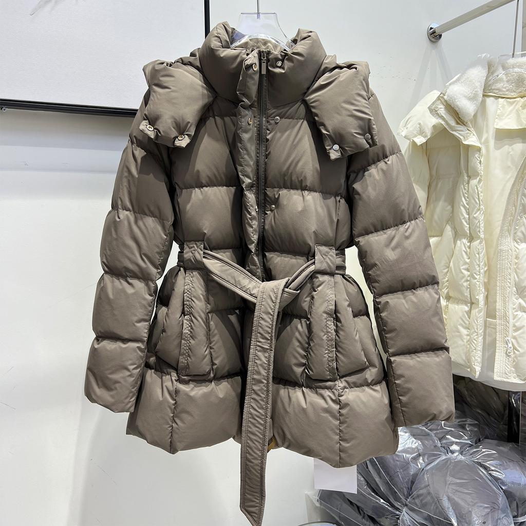 Winter new waist lace-up down jacket women's medium and long hooded loose thickened white duck down thin coat