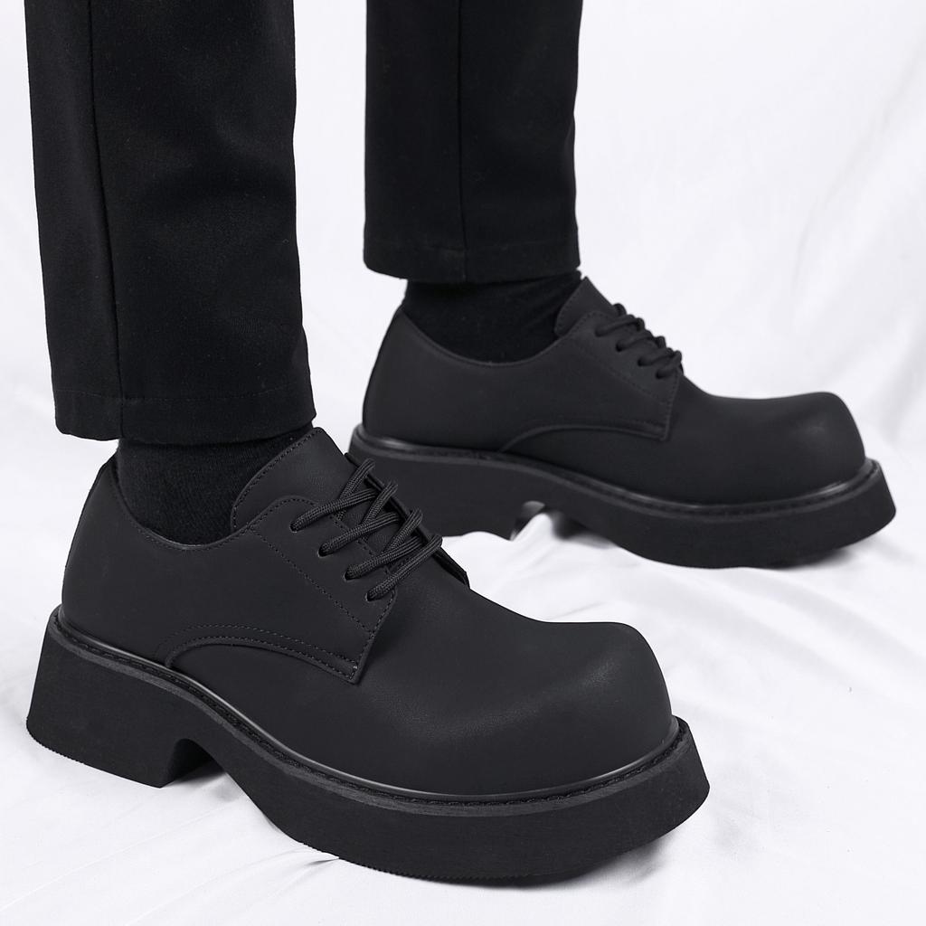 Derby Shoes Black Men's Shoes 2025 New Winter Platform Heightening Big Head Shoes Casual Matte Men's Round Head Leather Shoes
