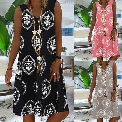 Women Vintage Casual Summer Floral Print V-Neck Short Sleeve Dress  Dress