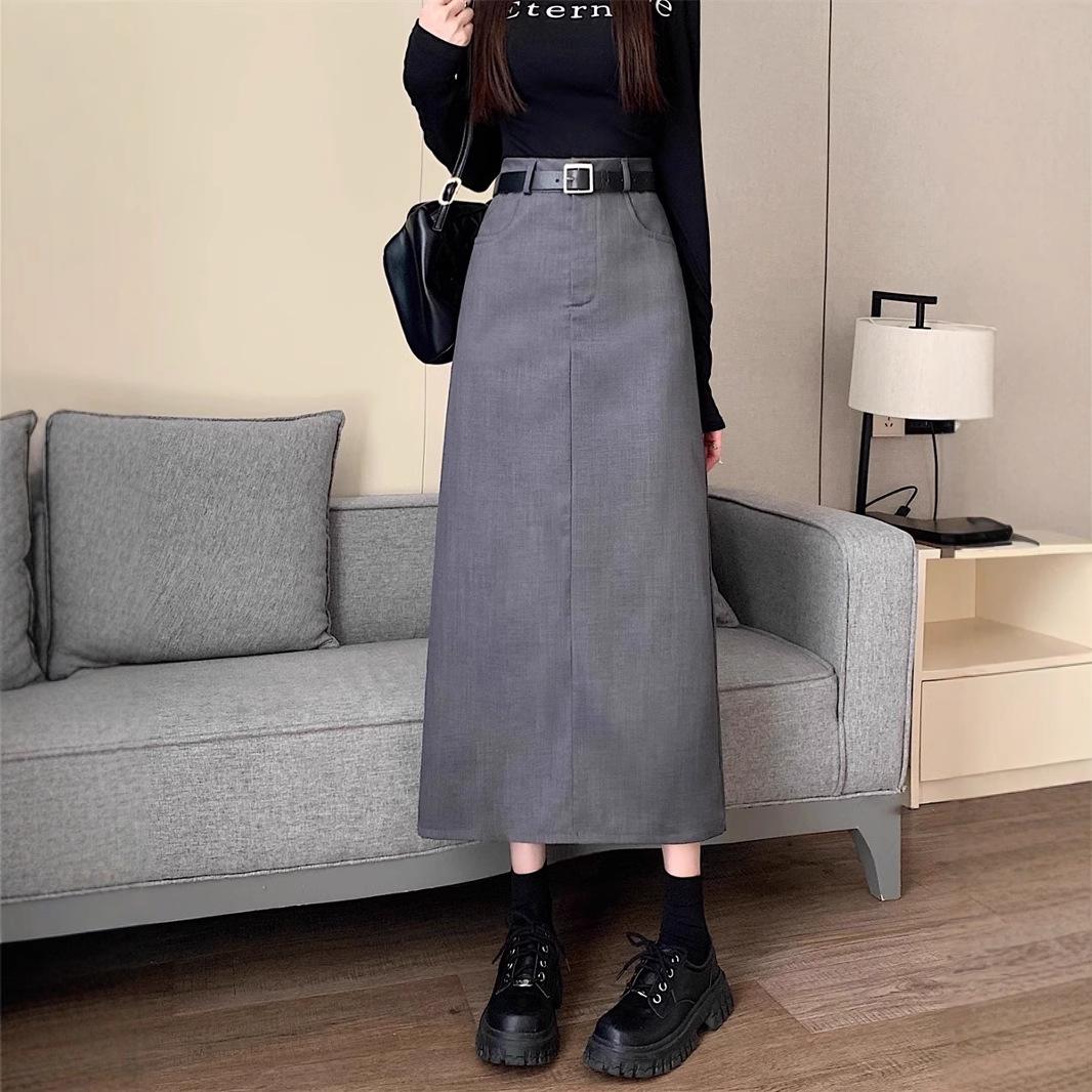 

2024 Шикарная серая миди-юбка с завышенной талией и разрезом - Облегающий, подчеркивающий бедра осенний дизайн для женщин M (90-104 lbs)