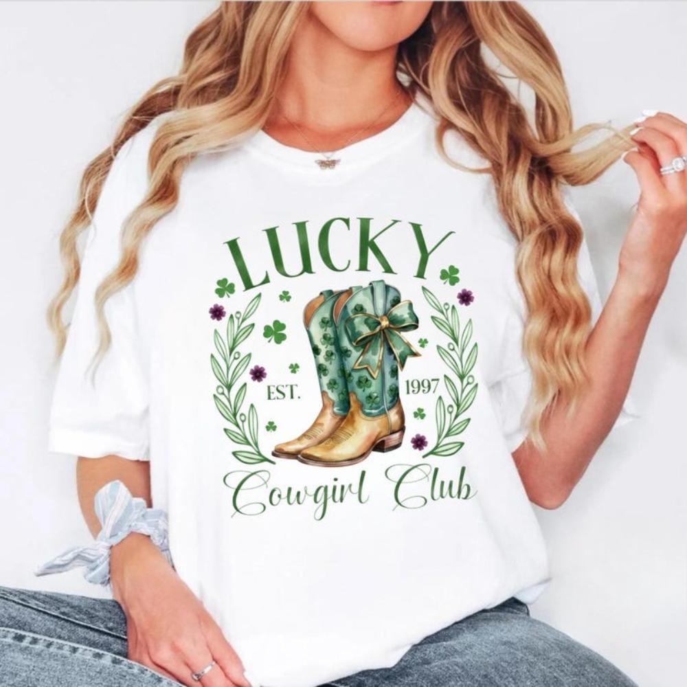 Lucky Cowgirl Club St Patricks Day Shirt Women Unisex Casual Cotton Graphic T Shirts Creative Streetwear Tops Tee Shortsleev S