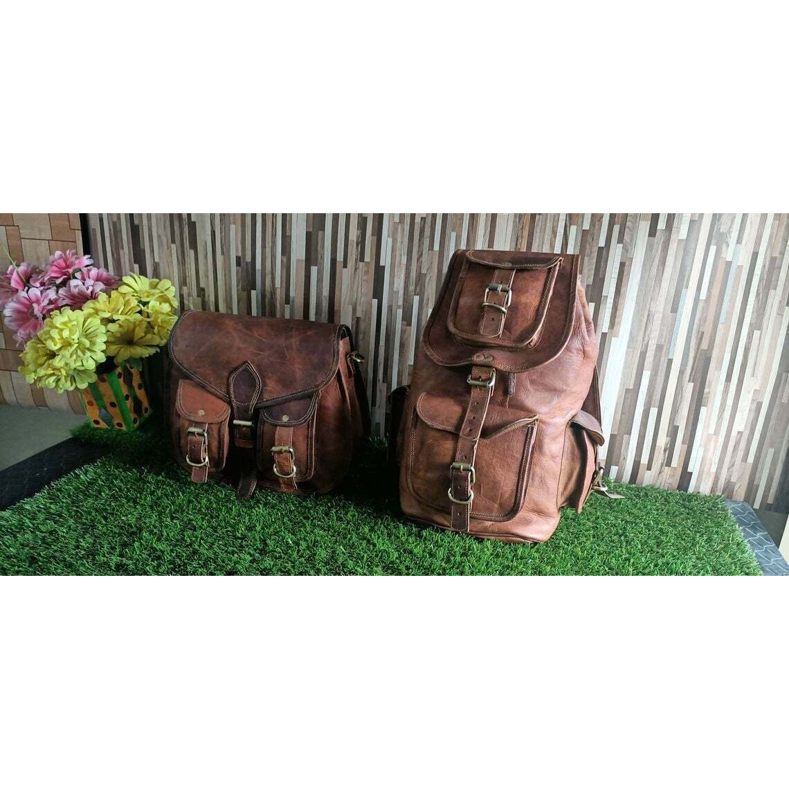Женский рюкзак с двумя сумками из натуральной винтажной кожи коричневый — фото 4