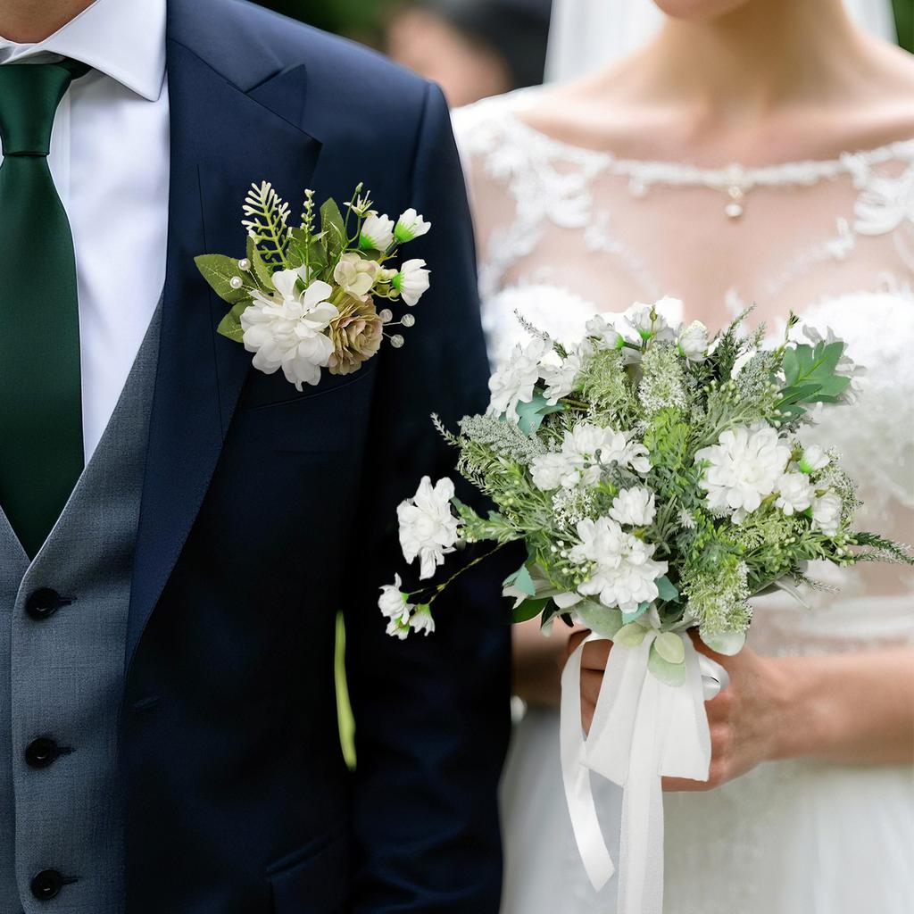 8PCS Green White Artificial Wedding Flowers Set Bridal Bouquet Boutonnieres Corsage for Wedding Ceremony Anniversary Prom Decor