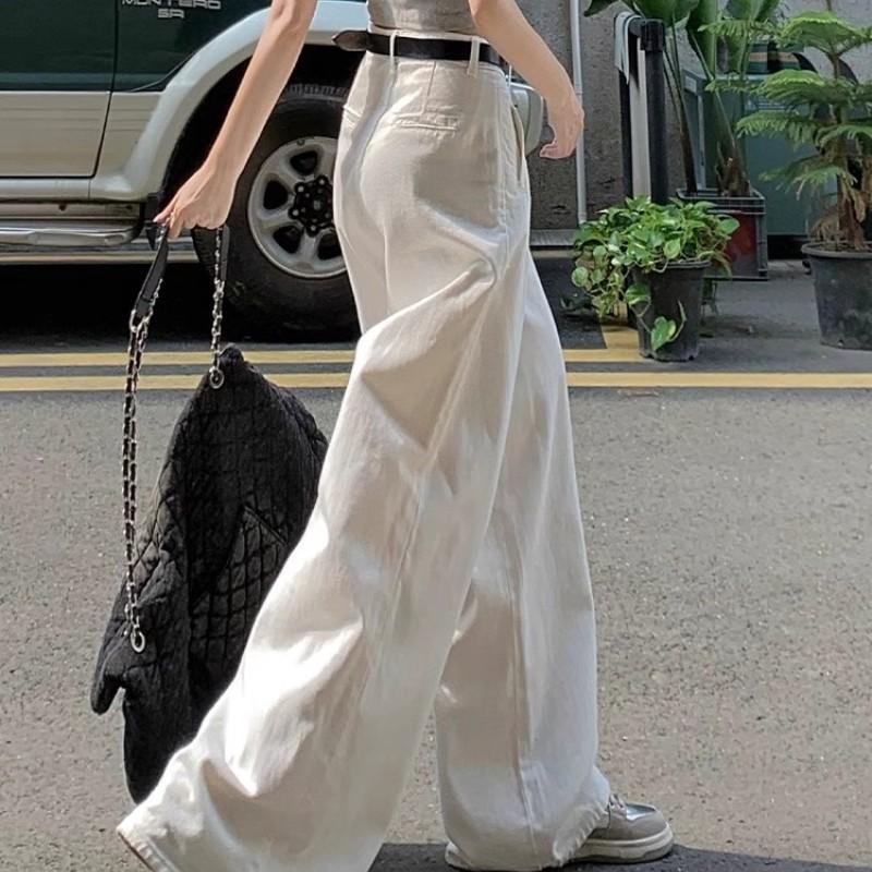 Women High Waist Pleated Wide Leg Jeans Lazy Draped Straight Floor-Length Denim Trousers Fashion Loose Long Pants