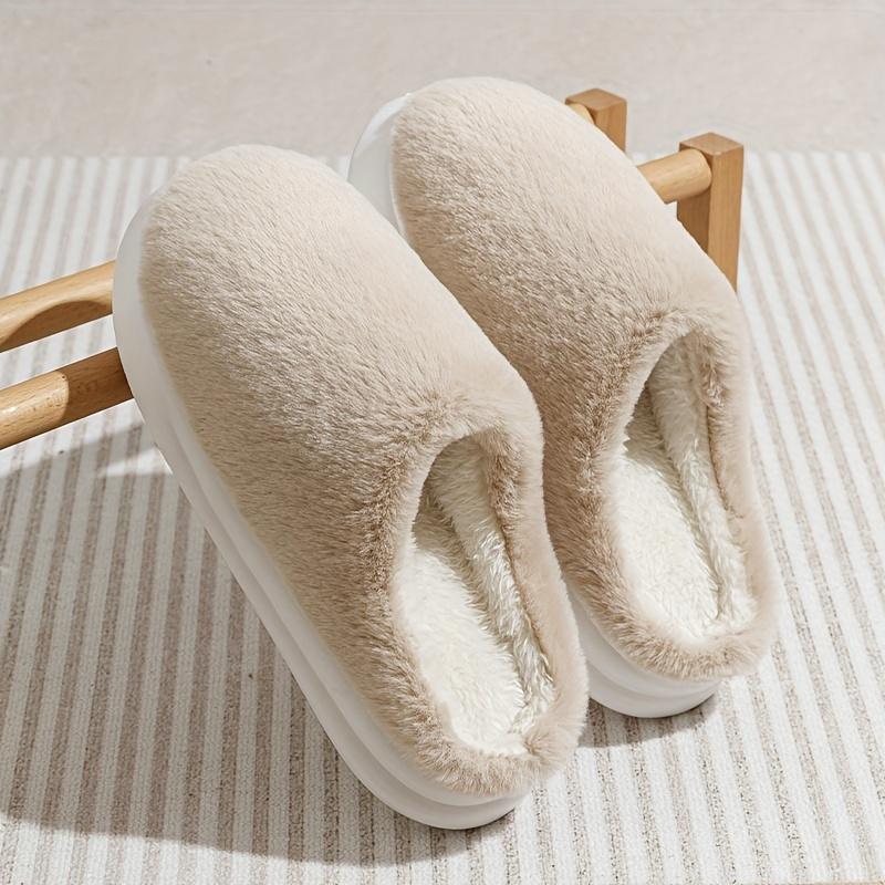 Warm and Comfortable Thickened Men's/Women's Solid Color Plush Slippers with Faux Fur Lining, Autumn and Winter Soft Sole Comfortable Home Slippers