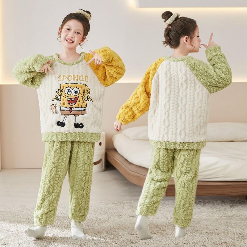 Girls Coral Fleece Pajama Set With Hooded Cartoon Character Design Winter Warm Sleepwear Kids 8 Years