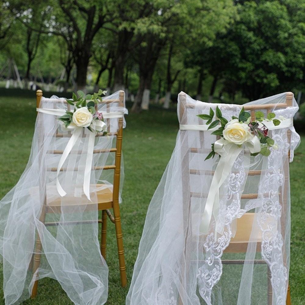 Chiffon Ribbon Artificial Flower Chair Decorations Pew Flowers Wedding Ceremony