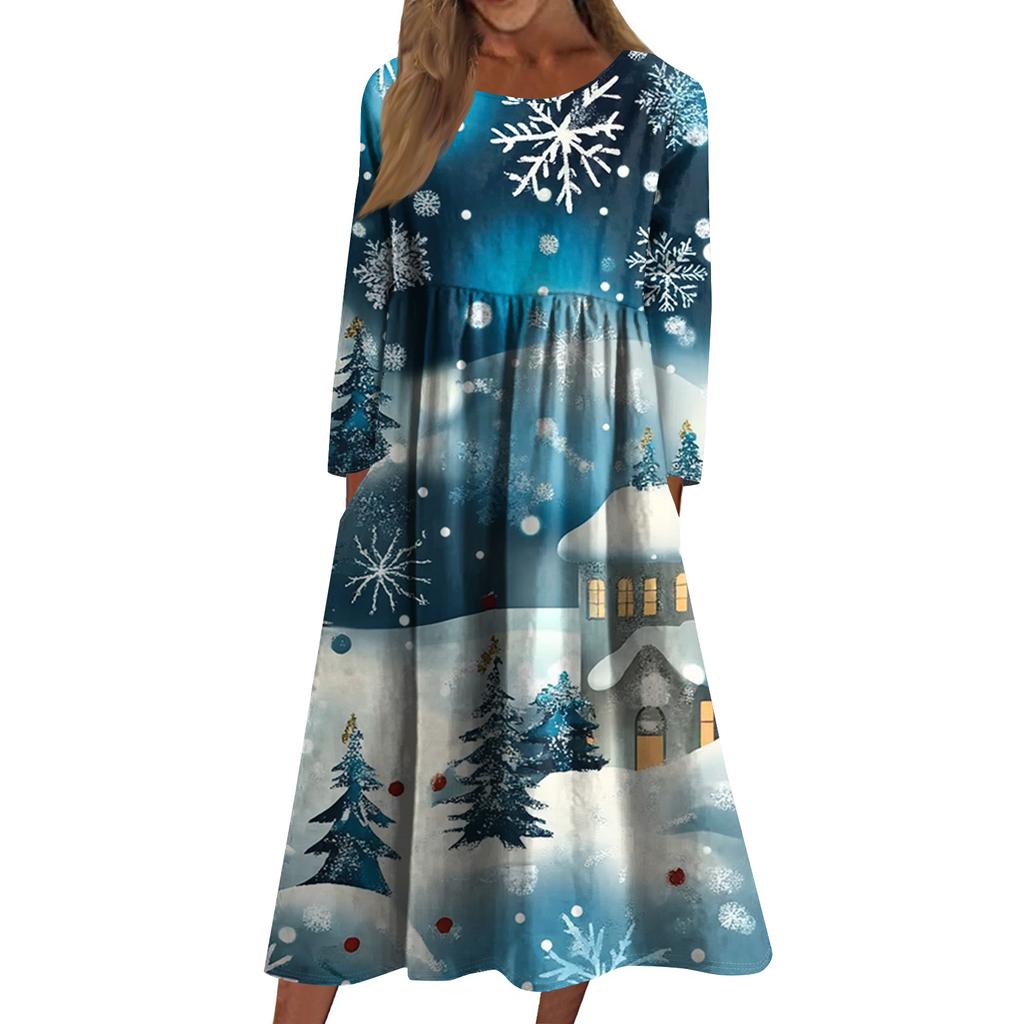 Women's Casual Crew-neck Christmas Print Mid-length Dress Long-sleeved Dress With Pocket