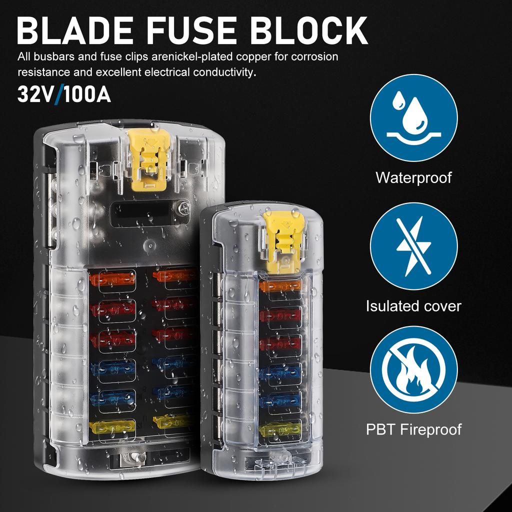 6/12 Way Blade Fuse Box Holder With LED Indicator Waterproof 12-36V Power Distribution Panel For Car Boat Auto Marine RV Camper