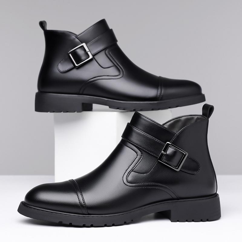 Fashion Casual Leather Male Chelsea Boots Business Mens Botas Comfortable High Top Shoes Fashionable Metal Buckle Ankle Boots Sneakers