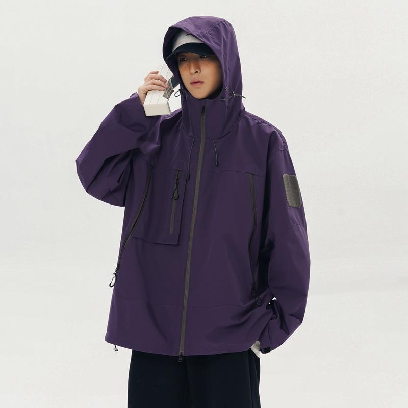 Spring and Autumn New Men's Korean Style Solid Color Hooded Outdoor Multi-Pocket Jacket Trendy Couple Jacket