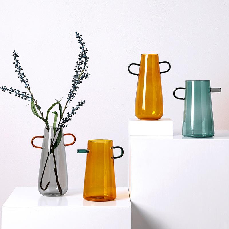 Glass Flower Vase Handle Pitcher Colored Transparent Flower Pot Flower Arrangement Hydroponics Terrarium Vases Pots Flowerpot