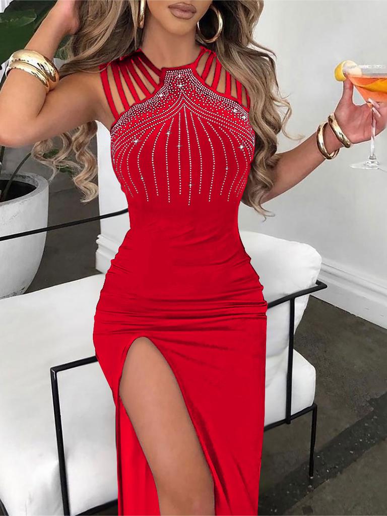 Women Sleeveless Bodycon Dresses Sparkling Rhinestone Embellishments Girl Cocktail Evening Dresses