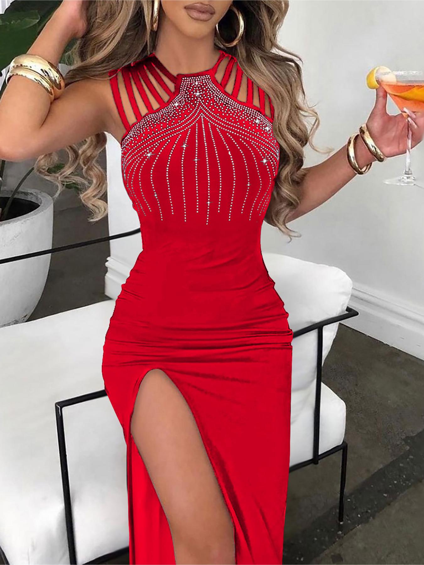 

Жіночі облягаючі сукні без рукавів, блискучі прикраси зі стразами, коктейльні вечірні сукні для дівчат 3XL червоний