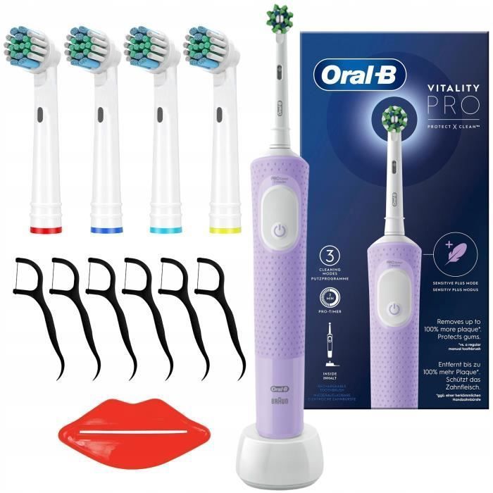 Electric Toothbrush - Oral B - Vitality PRO Protect X Clean Violet - 4 Brush Heads - Optimal Cleaning