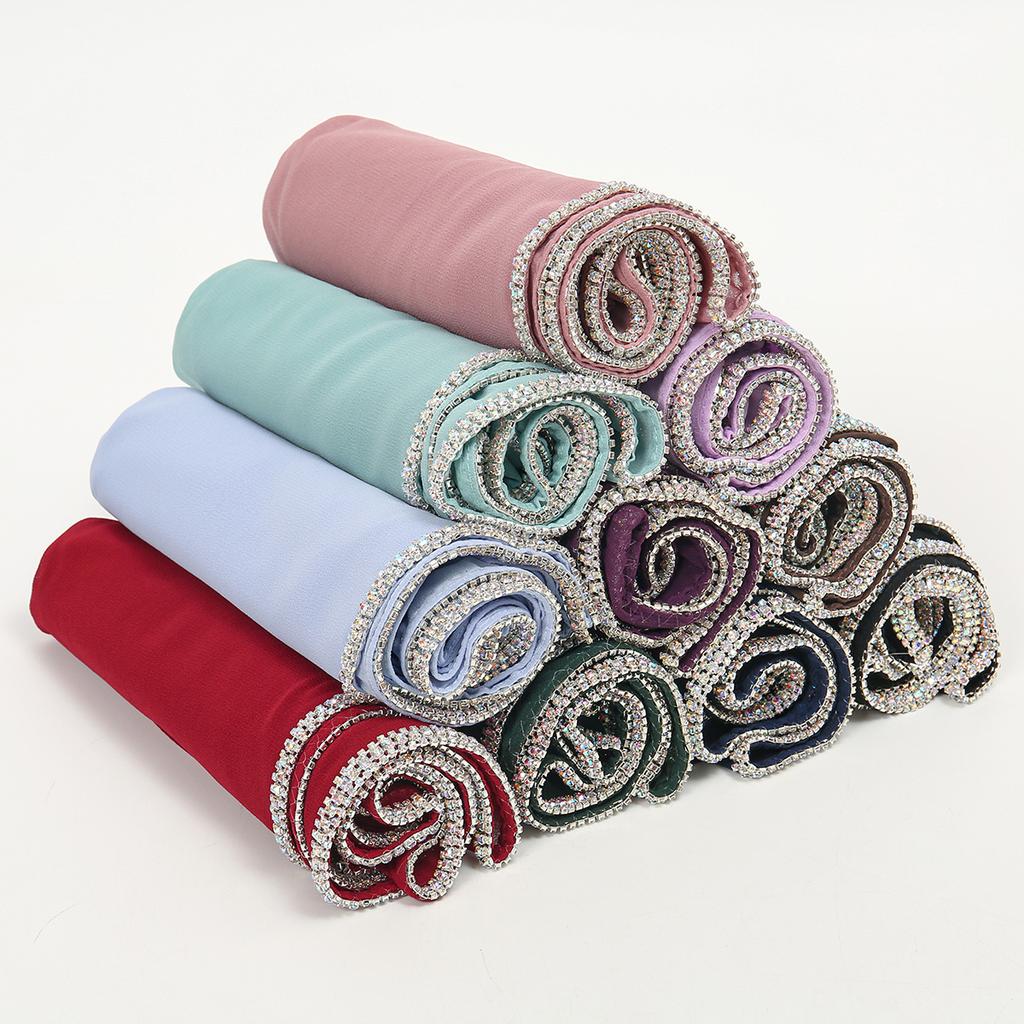 New Rhinestone Shiny Chiffon Hijab Scarf For Woman Muslim Hijab Shawl Chain Long Wraps Fashion Premium Headscarf Islam Turban