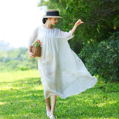 Moteriška, vasarinė, siuvinėta laisva suknelė su O-kaklu Retro vienspalvė vintažinė suknelė su puse rankovių