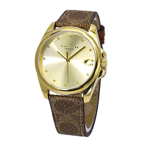 Coach Greyson 36mm Women's Watch with Yellow Gold Dial, Leather Strap, and Signature C (14504111)