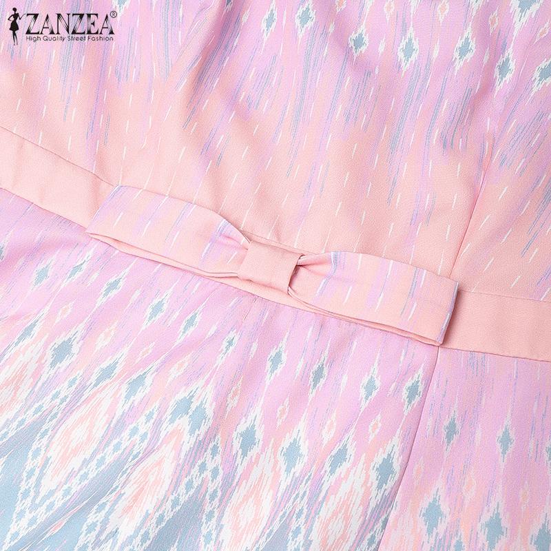 ZANZEA Damen Sommer Casual Rundhals Kurzarm Print Kleid