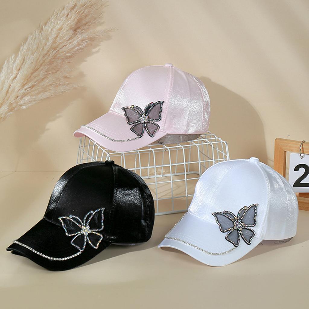 Fashion Women Rhinestone Butterfly Baseball Hat, Shiny Satin Sun Cap with Crystal Brim Decoration, Adjustable Elegant Casual Peaked Visor Hat