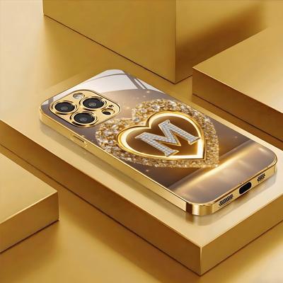 Sparkling Heart Letter M Pattern Metallic Paint Glass Phone Case For iPhone 17 16 15 14 13 12 11 Pro Max Plus 17 Air 16E Cover